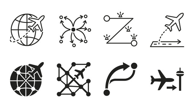 Airplane flight paths and air traffic navigation icons for global routing and logistics with aviation, navigation
