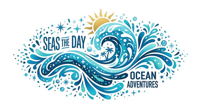 Ocean waves illustration with sun and seas the day typography