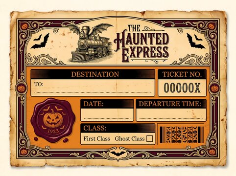 Vintage Halloween Train Ticket Template | Antique Seasonal Ticket Design