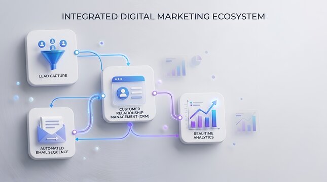 Integrated digital marketing ecosystem 3d flowchart illustrating lead capture customer relationship management automated email sequences and real time analytics for business growth strategy.