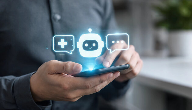 Person using smartphone with glowing virtual chatbot interface for medical consultation and digital communication support services