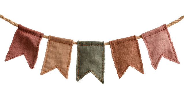 Rustic fabric bunting flags in muted earth tones strung on twine, isolated on transparent background