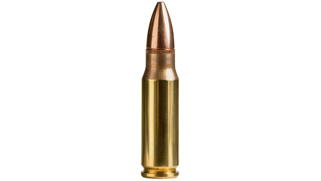 Brass rifle cartridge with copper projectile, isolated on transparent background
