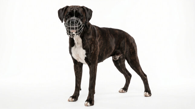Brindle Boxer Dog Wearing Metal Cage Muzzle Standing Proudly on White