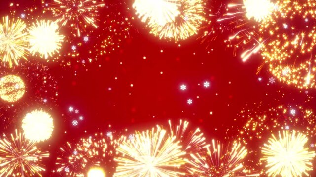 Golden fireworks explosion shining frame with snowflake falling backgrounds animation 4k