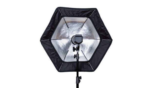 Hexagonal studio softbox with flash unit mounted on stand, isolated on transparent background