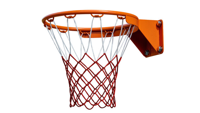 Orange metal basketball hoop with white and red net, isolated on transparent background