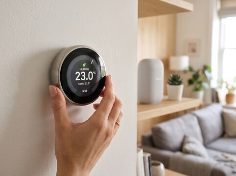A close-up shot of a female hand with a natural manicure adjusting the temperature on a sleek, modern smart home thermostat mounted on a neutral painted wall in a minimalist living room