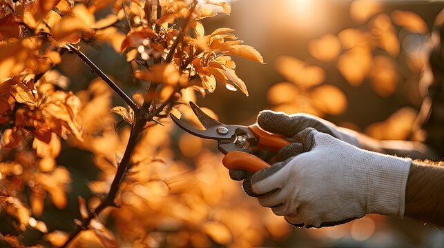 Hands hold pruning shears to trim a small brown branch in a bright garden filled with autumn leaves