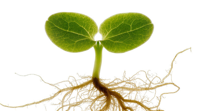 Green seedling with visible root system, isolated on transparent background