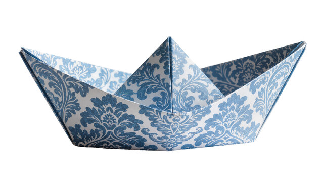 Blue and white damask patterned paper boat, isolated on transparent background