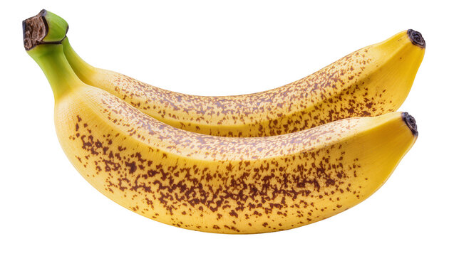 Two ripe yellow bananas with brown spots, isolated on transparent background
