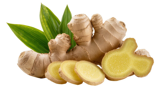 Whole and sliced ginger root with green leaves, isolated on transparent background