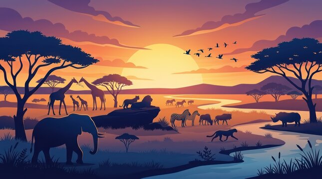 African savannah at sunset with animals.