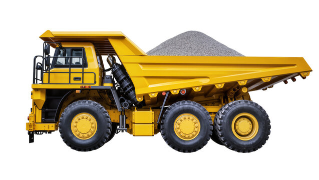 Yellow mining dump truck carrying gravel, isolated on transparent background