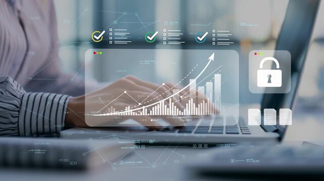 Businesswoman in modern office reviewing performance with identity verification and secure access management platform featuring growth analytics chart and authentication controls