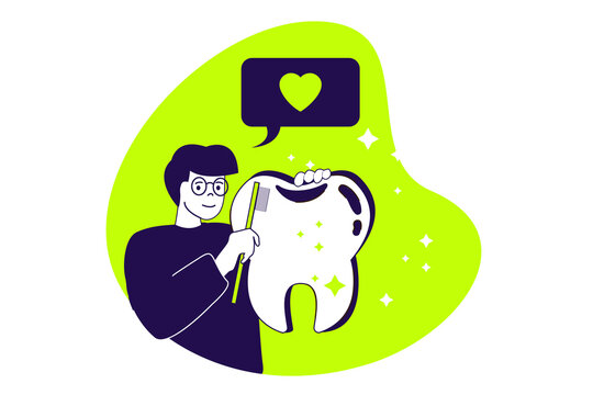 Dental care modern flat concept for web banner design. Man making oral hygiene procedure, washing with toothbrush or making tooth whitening procedure. Illustration with isolated people scene.