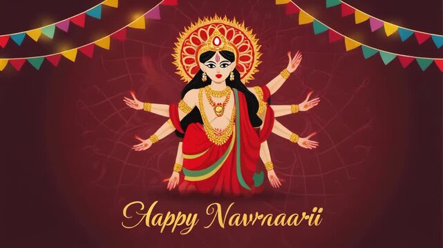 Hindu Goddess Durga in traditional attire with multiple arms during festival celebration with festive lights
