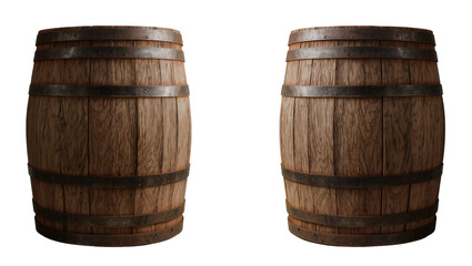 Fototapeta premium Two rustic wooden barrels with metal bands, isolated on transparent background