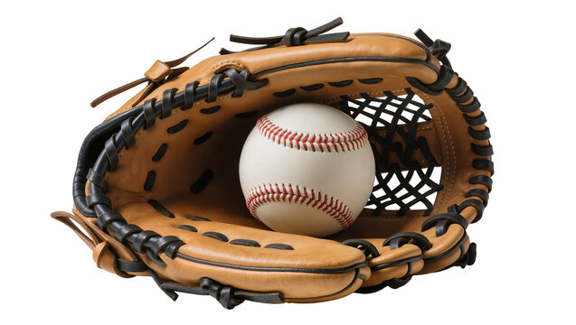 Leather baseball glove cradling a white ball with red stitching, isolated on transparent background