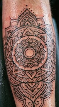 Intricate Geometric Mandala Tattoo Design Featuring Precise Dotwork and Symmetrical Ornamental Patterns Etched in Black Ink on Human Skin