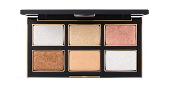 Professional makeup highlighter palette with six shimmering shades, luxury face contour and glow kit, metallic bronze and gold eyeshadow set on white background