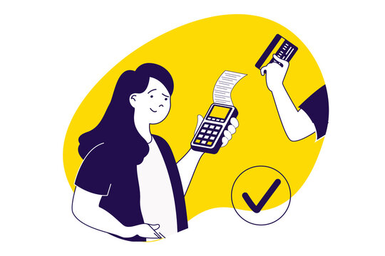 Payment terminal modern flat concept for web banner design. Woman using wireless POS terminal for getting payment with bank credit card from customer. Illustration with isolated people scene.