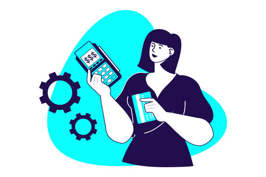 Payment terminal modern flat concept for web banner design. Woman using wireless POS terminal, paying with bank credit card and gets electronic receipt. Illustration with isolated people scene.