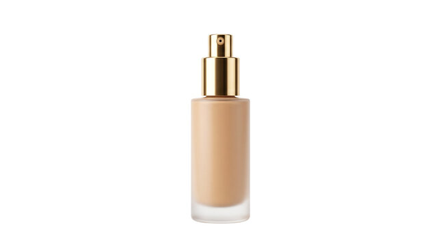 Luxury liquid foundation bottle with gold pump, professional glass makeup container for skincare branding, elegant cosmetic product mockup on white background