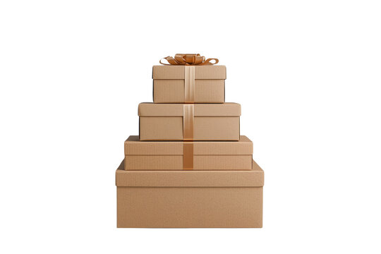 Pyramid stack of plain kraft gift boxes with small bow