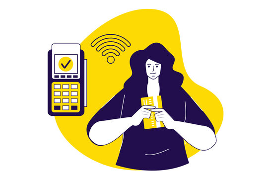 Payment terminal modern flat concept for web banner design. Woman shopping and paying with her financial credit card using wireless POS terminal. Illustration with isolated people scene.