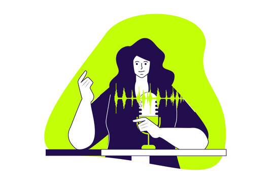 Podcast modern flat concept for web banner design. Woman talking in microphone at studio, host at broadcasting show, speaker making live streaming. Illustration with isolated people scene.