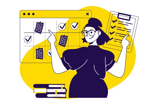 Productivity work modern flat concept for web banner design. Woman planning with calendar and organizing schedule list, complete doing work tasks. Illustration with isolated people scene.