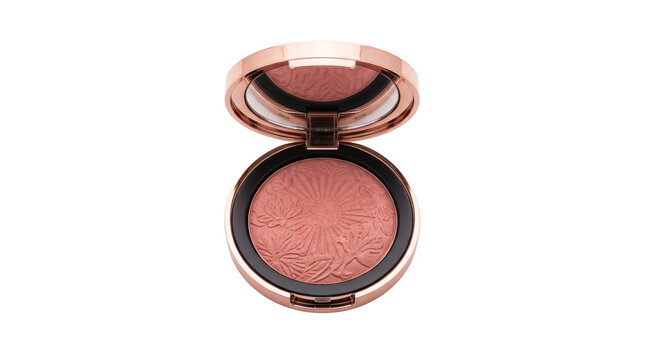 Rose gold makeup compact with pink blush powder, luxury cosmetic product with mirror, embossed floral pattern face powder on white background