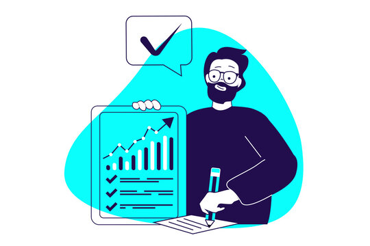 Productivity work modern flat concept for web banner design. Man planning and organizing schedule list, making analysis complete tasks and growth. Illustration with isolated people scene.
