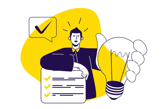 Productivity work modern flat concept for web banner design. Man organizing workflow with schedule list, finishing goals, brainstorming and finds idea. Illustration with isolated people scene.