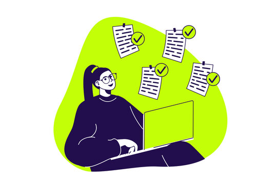 Productivity work modern flat concept for web banner design. Woman organizing her workflow with schedule list, completing tasks and finishing goals. Illustration with isolated people scene.