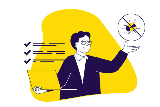 QA software testing modern flat concept for web banner design. Man inspecting program code and fixing problem bugs, troubleshooting with solutions. Illustration with isolated people scene.