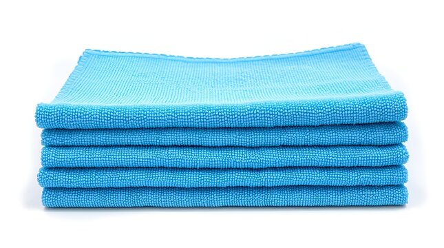 Stack of blue microfiber cleaning cloths isolated on white background