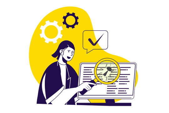 QA software testing modern flat concept for web banner design. Man inspecting programming code and making review, finding and fixing system problems. Illustration with isolated people scene.