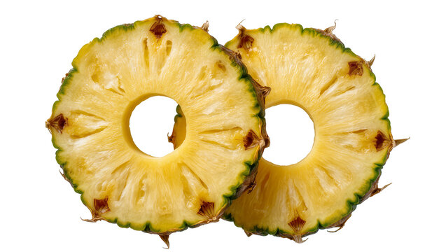 Two juicy pineapple slices with green spiky rind, isolated on transparent background