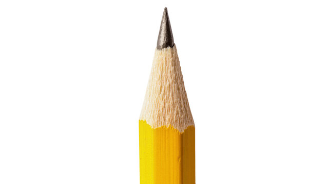 Sharp graphite pencil tip with yellow wooden body, isolated on transparent background