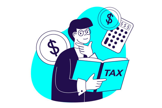Tax declaration modern flat concept for web banner design. Man calculating income earning, planning online payments, filling declaration form online. Illustration with isolated people scene.