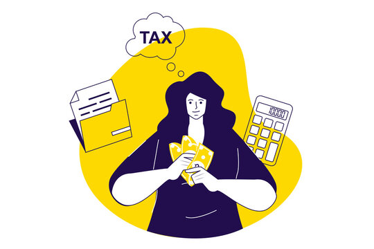 Tax declaration modern flat concept for web banner design. Woman calculating income earning and planning her budget, paying taxation and financial bill. Illustration with isolated people scene.