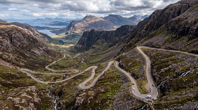 Stunning aerial view of the iconic Trollstigen mountain road in Norway, featuring dramatic serpentine switchbacks winding through a rugged, glacier-carved valley under a cloudy sky.