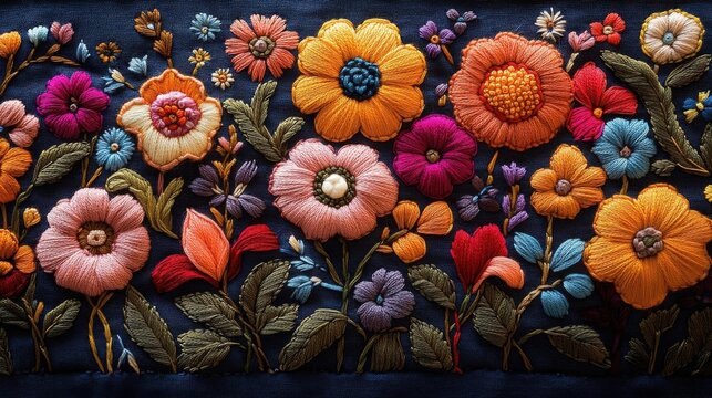 Intricate Floral Embroidery With Vibrant Colorful Threads On A Deep Navy Blue Fabric Background