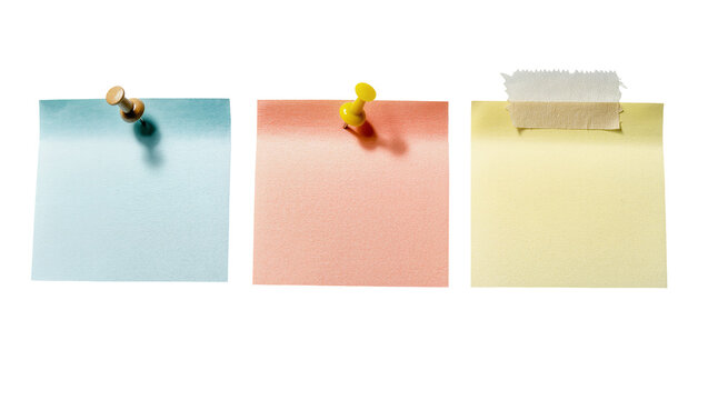 Three colorful sticky notes two with pushpins and one with tape, isolated on transparent background