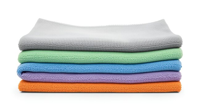 Stack of colorful microfiber cleaning cloths isolated on white background