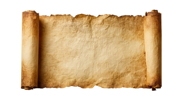 Old parchment scroll with frayed edges, isolated on transparent background