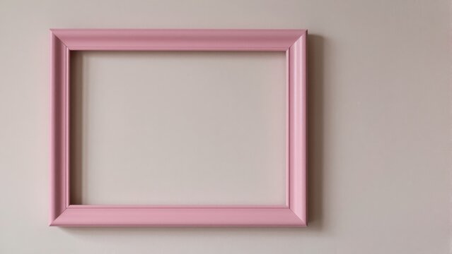 Empty rectangular pink picture frame with a glossy finish on a plain light-colored background, modern decorative wall art display for home or office decor